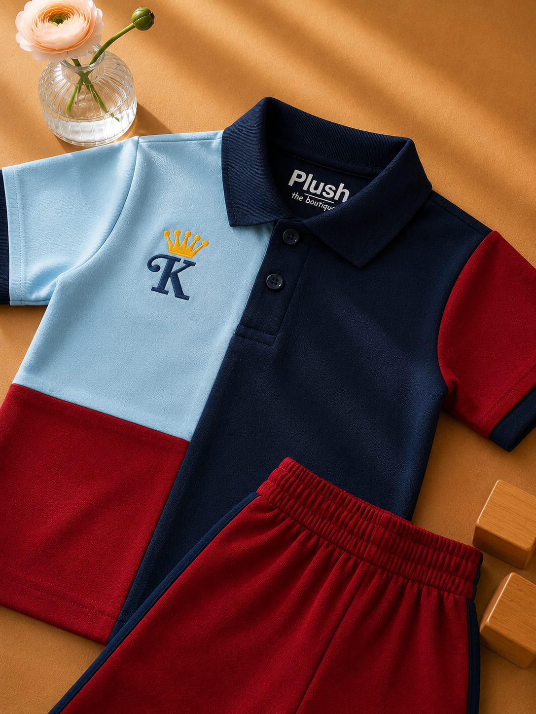 Plush-Baby Plaid Polo Shirt & Shorts-Blue