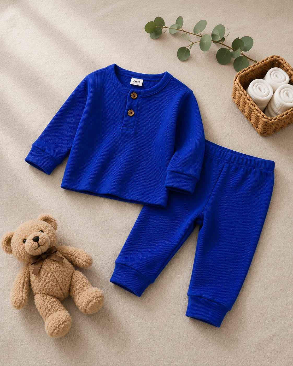 Plush Round Neck Style Ribbed Knit Basic Set - Royal Blue
