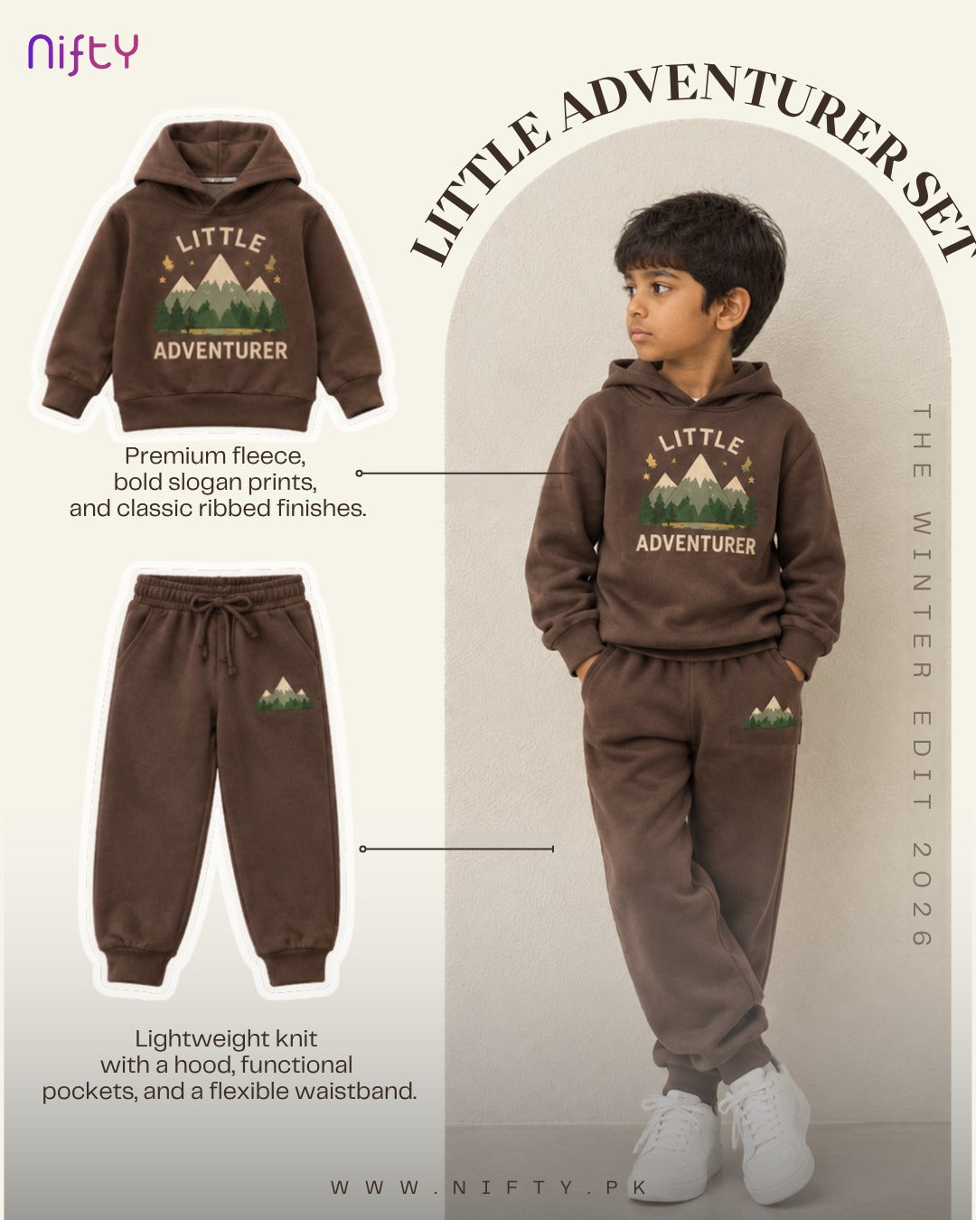Brown Little Adventurer kids hoodie and jogger set with mountain print