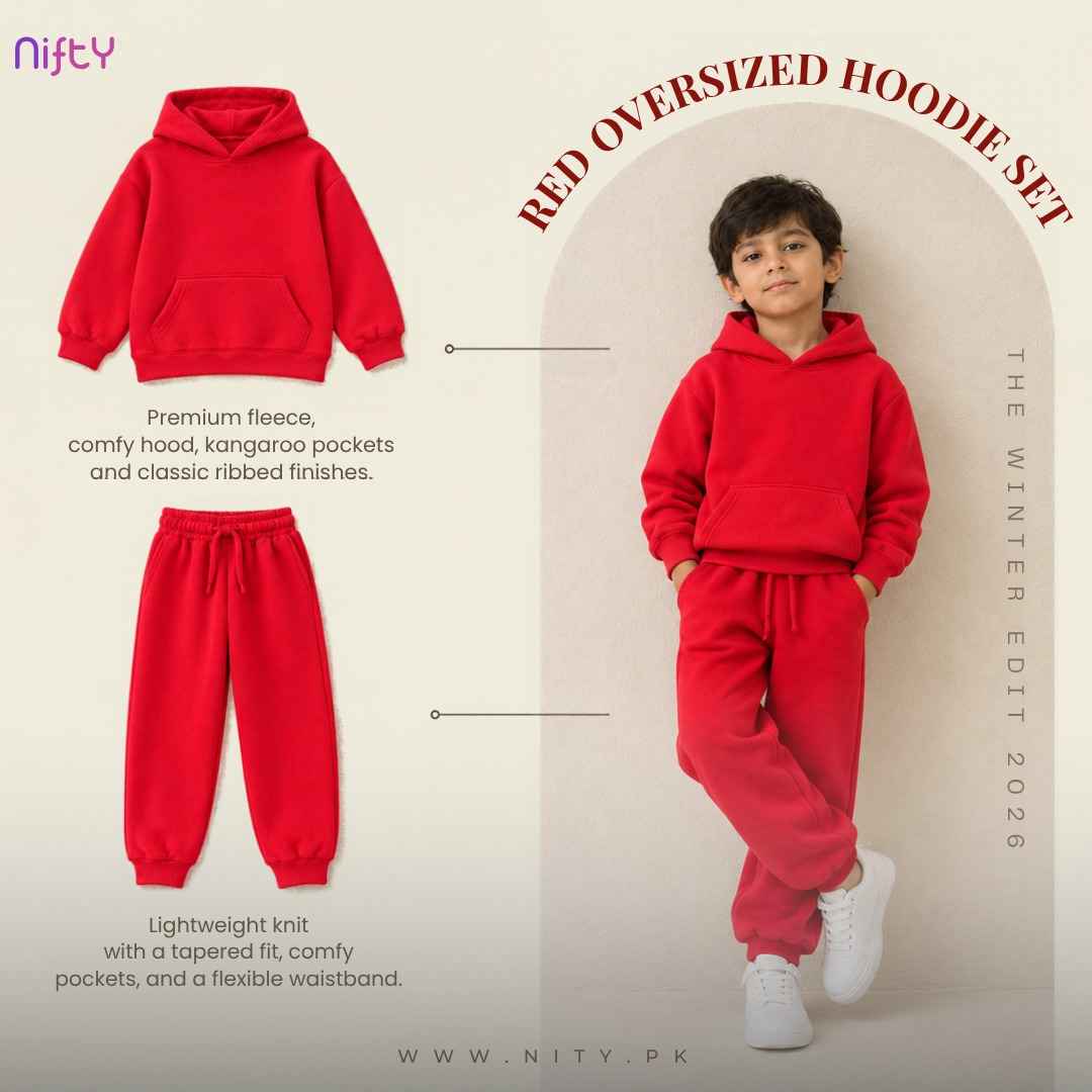 Bright red kids oversized hoodie and jogger set flat lay