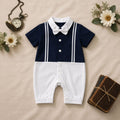 Navy Blue & White Bow Tie Polo Romper for Babies | Soft Interlock Bodysuit