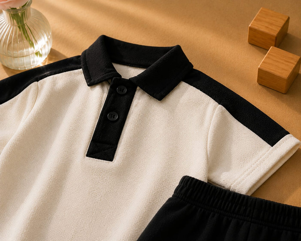 Plush-Baby Plaid Polo Shirt & Shorts-White