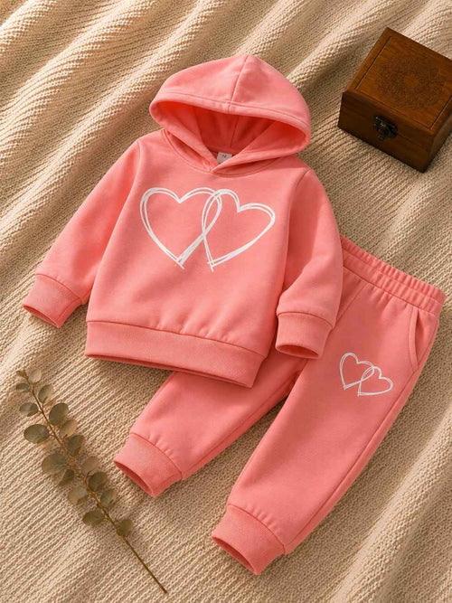 Plush Hoodie Style - Double Hearts Fleece Basic Set Pink
