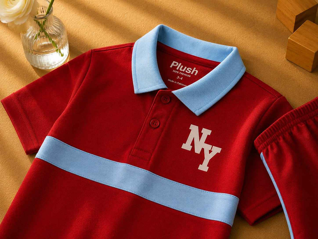 Plush-Baby Plaid Polo Shirt & Shorts-Red-Blue