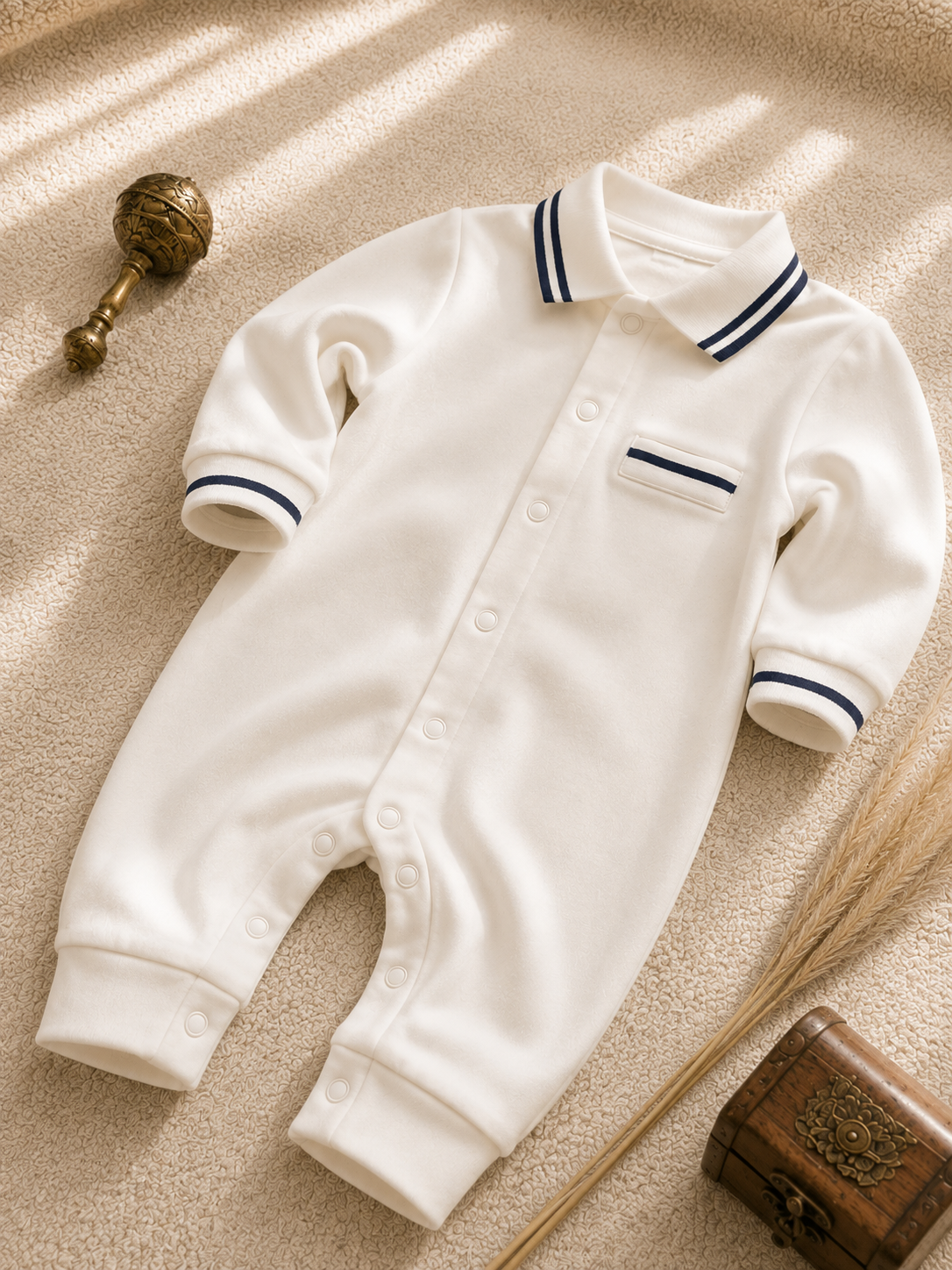 Baby Boy Romper – White & Navy Striped Collar Jumpsuit