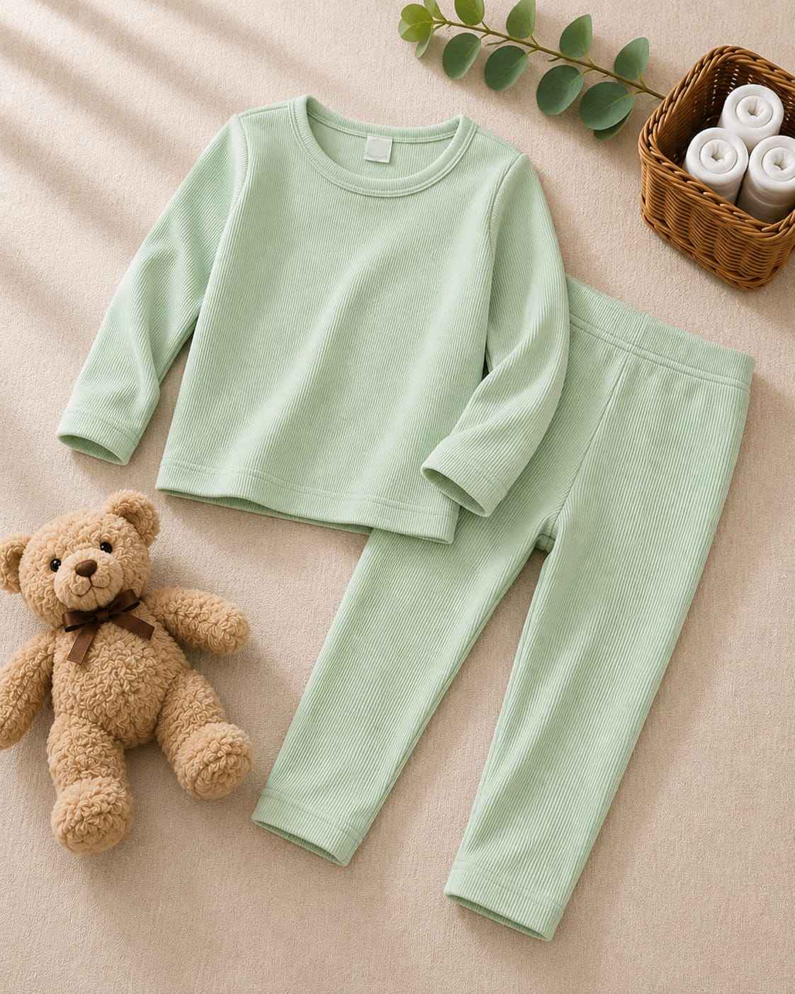 Plush Round Neck Style Ribbed Knit Sweat Set - Mint Green