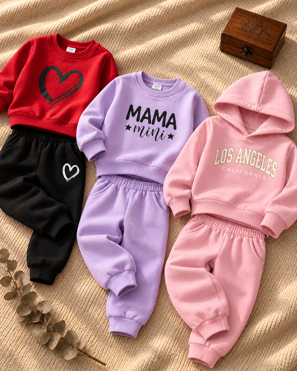 Pack of 3 Girls Tracksuit Sets: Heart, MAMA Mini & Los Angeles Hoodie