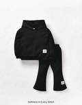 Plush Hoodied Bell Bottom Style Ribbed Knit Basic Set - Black