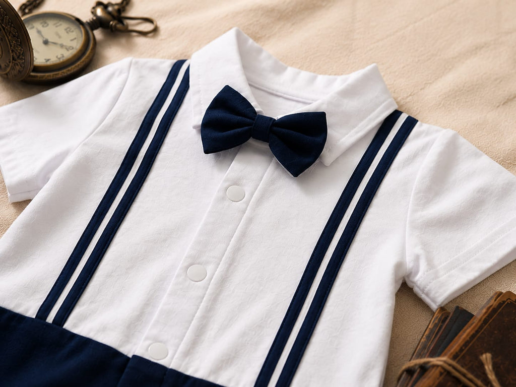 White & Navy Blue Bow Tie Polo Romper for Babies | Soft Interlock Bodysuit