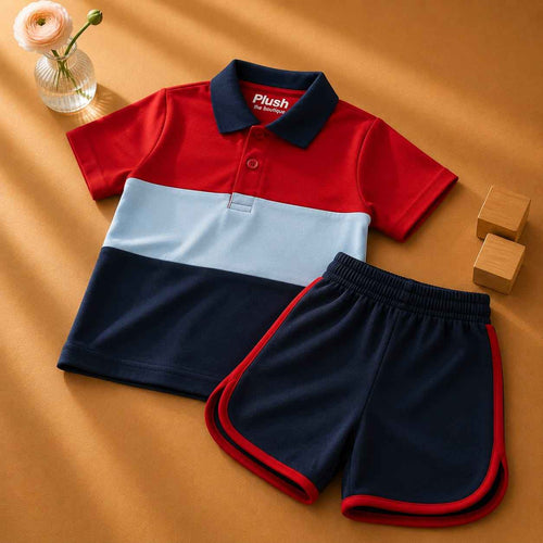 Plush-Baby Plaid Polo Shirt & Shorts-Red-Blue