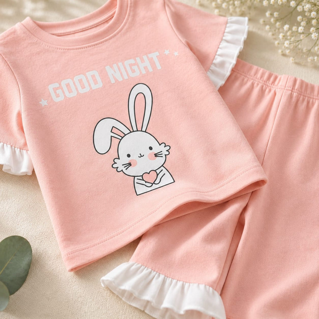 Girls Peach Bunny Print T-Shirt & Trouser Set