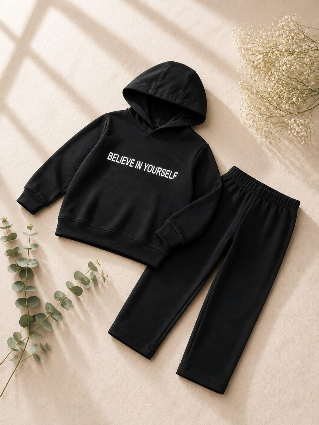 Girls Black "Believe in Yourself" T-Shirt & Trouser Set