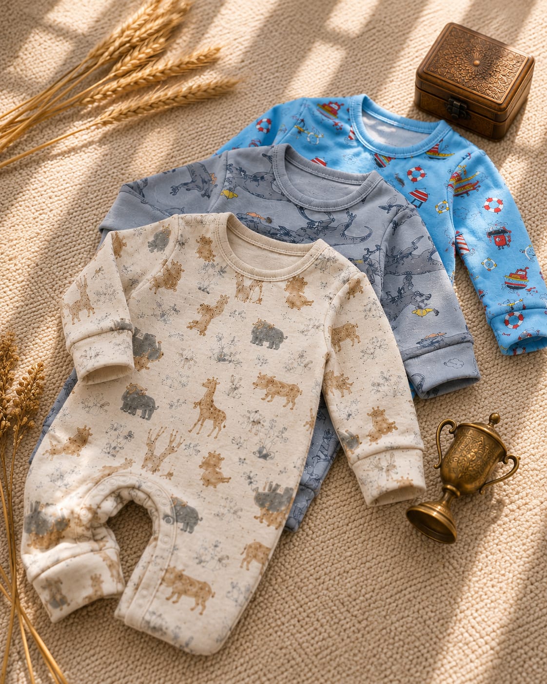 Baby Rompers Pack of 3 – Safari, Dinosaur & Nautical Print Cotton Jumpsuit