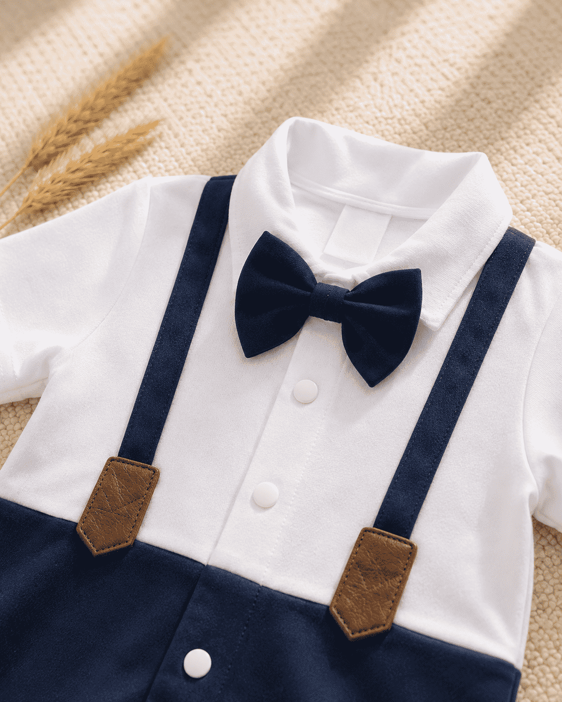 Baby Boy Navy Blue Romper with Bow Tie & Suspenders
