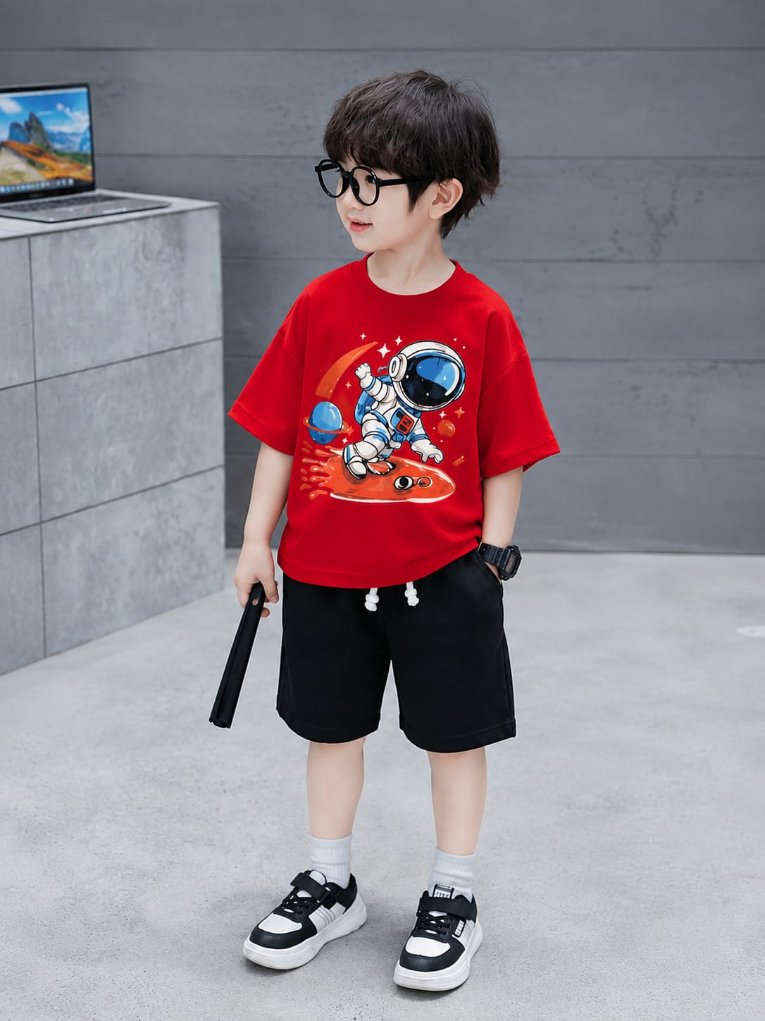 Boys Red & Black Space Explorer T-Shirt & Shorts Set