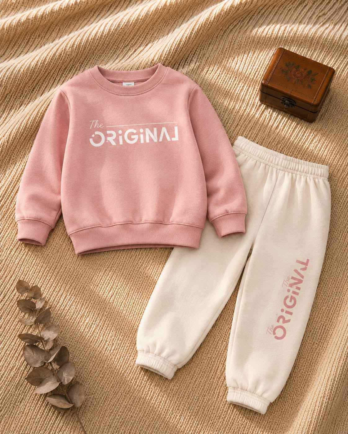 Pink kids sweatshirt and cream jogger set with The Original print
