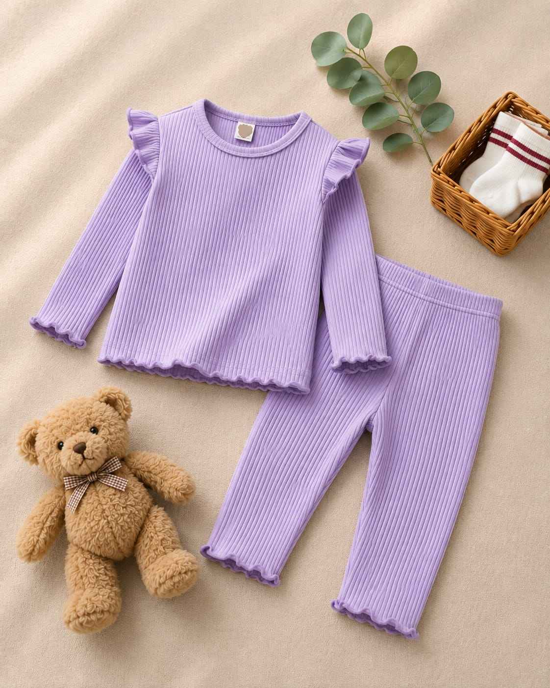 Plush Shoulder Frill Style Ribbed Knit Basic Set - Purple