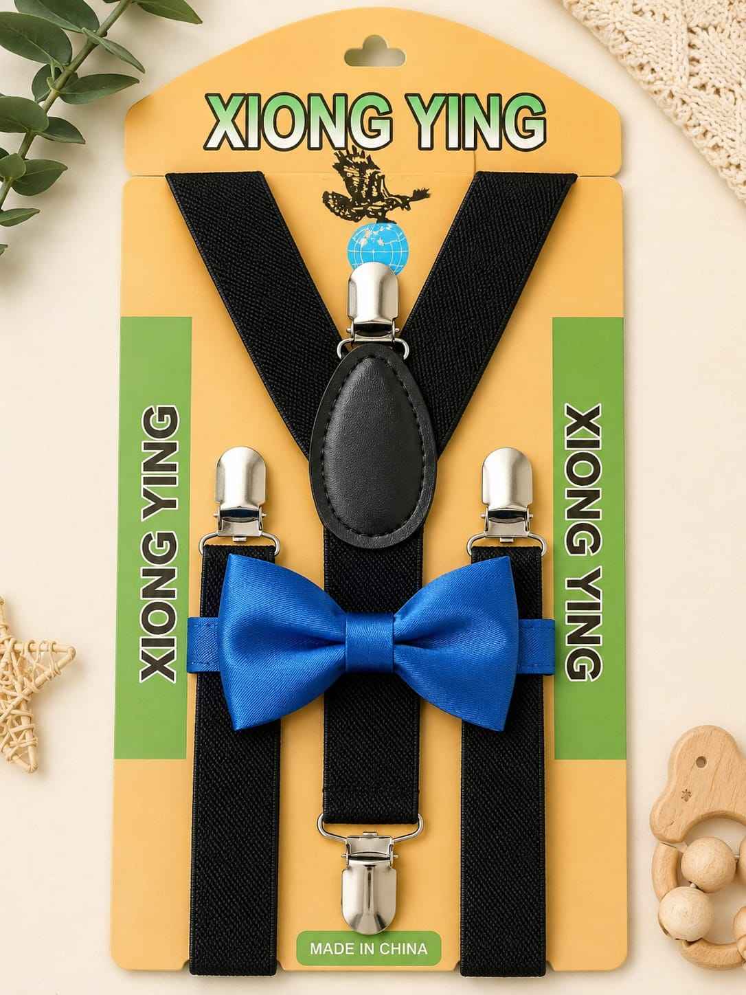 Kids black suspenders with blue bow tie set