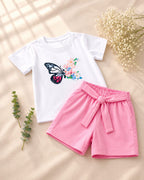 Girls White & Pink Contrast T-Shirt & Shorts Set