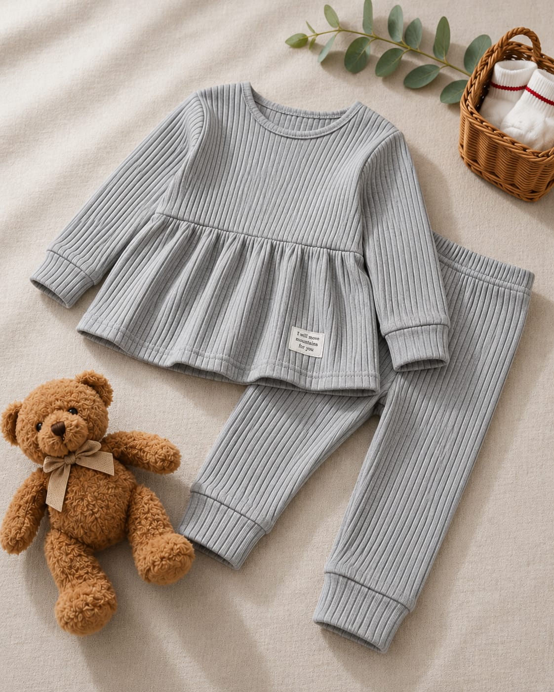Plush-Ribbed Knit Frock with Cuff Trousers -  Grey