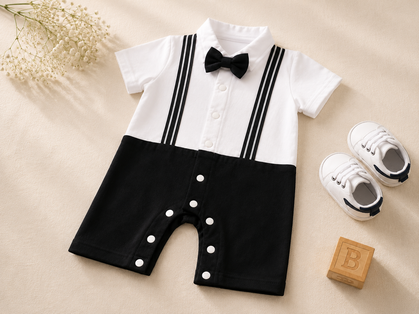 Baby Boy Bow Tie Romper | Polo Collar Suspender Bodysuit – Interlock Fabric