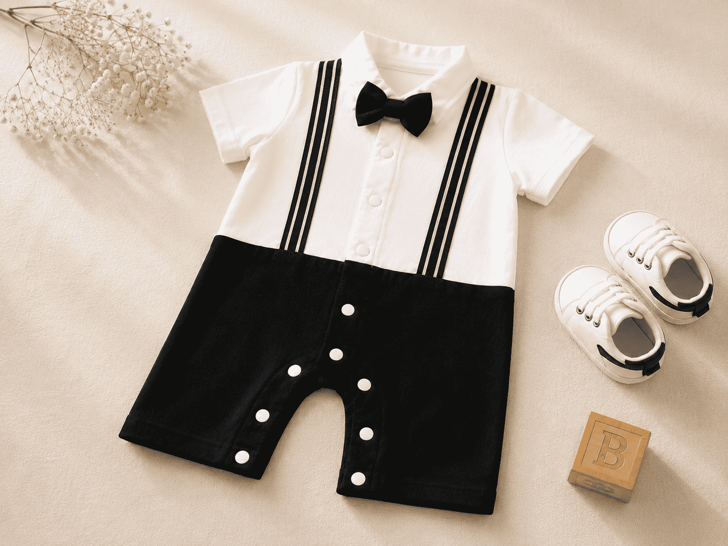 Baby Boy Bow Tie Romper | Polo Collar Suspender Bodysuit – Interlock Fabric
