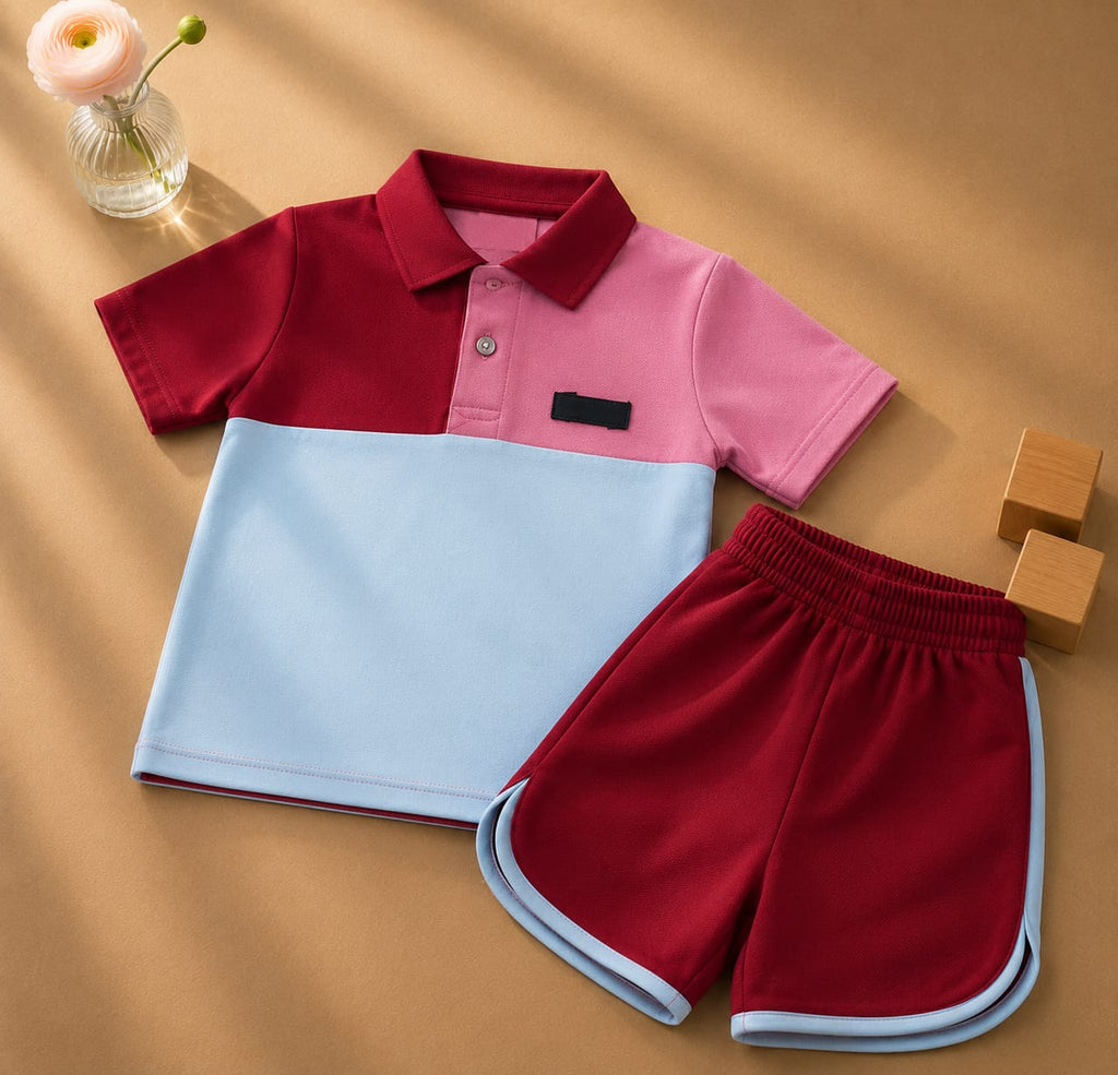 Plush-Baby Plaid Polo Shirt & Shorts-Blue-Red-Pink
