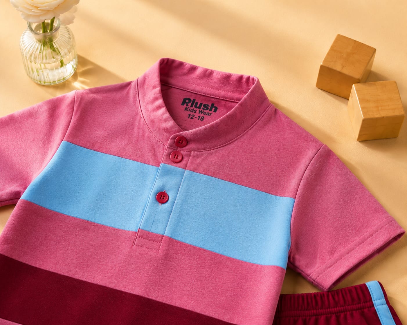 Plush-Baby Plaid Polo Shirt & Shorts-Blue-Red-Pink