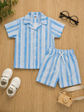 Boys light blue and white vertical striped short-sleeve button-down shirt and matching shorts set.