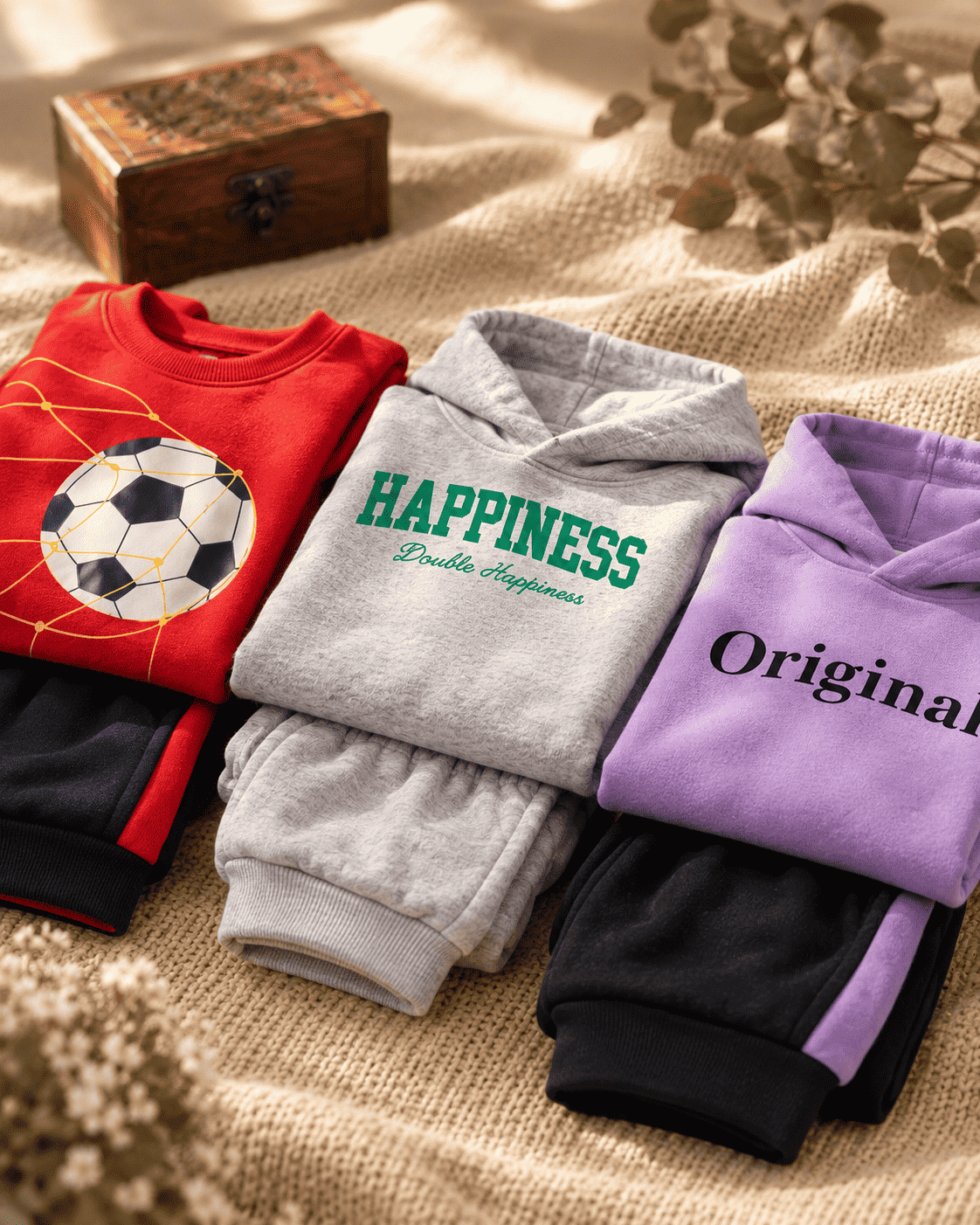 Pack of 3 Kids Sweatshirt & Jogger Sets: Soccer, Happiness & Original