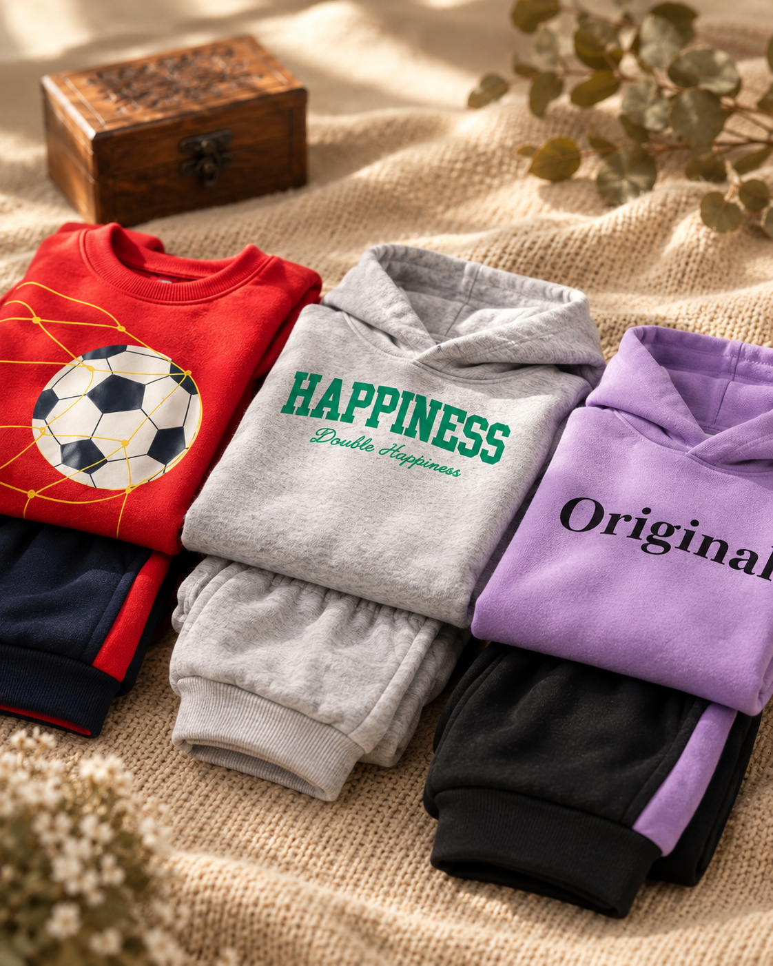 Pack of 3 Kids Sweatshirt & Jogger Sets: Soccer, Happiness & Original