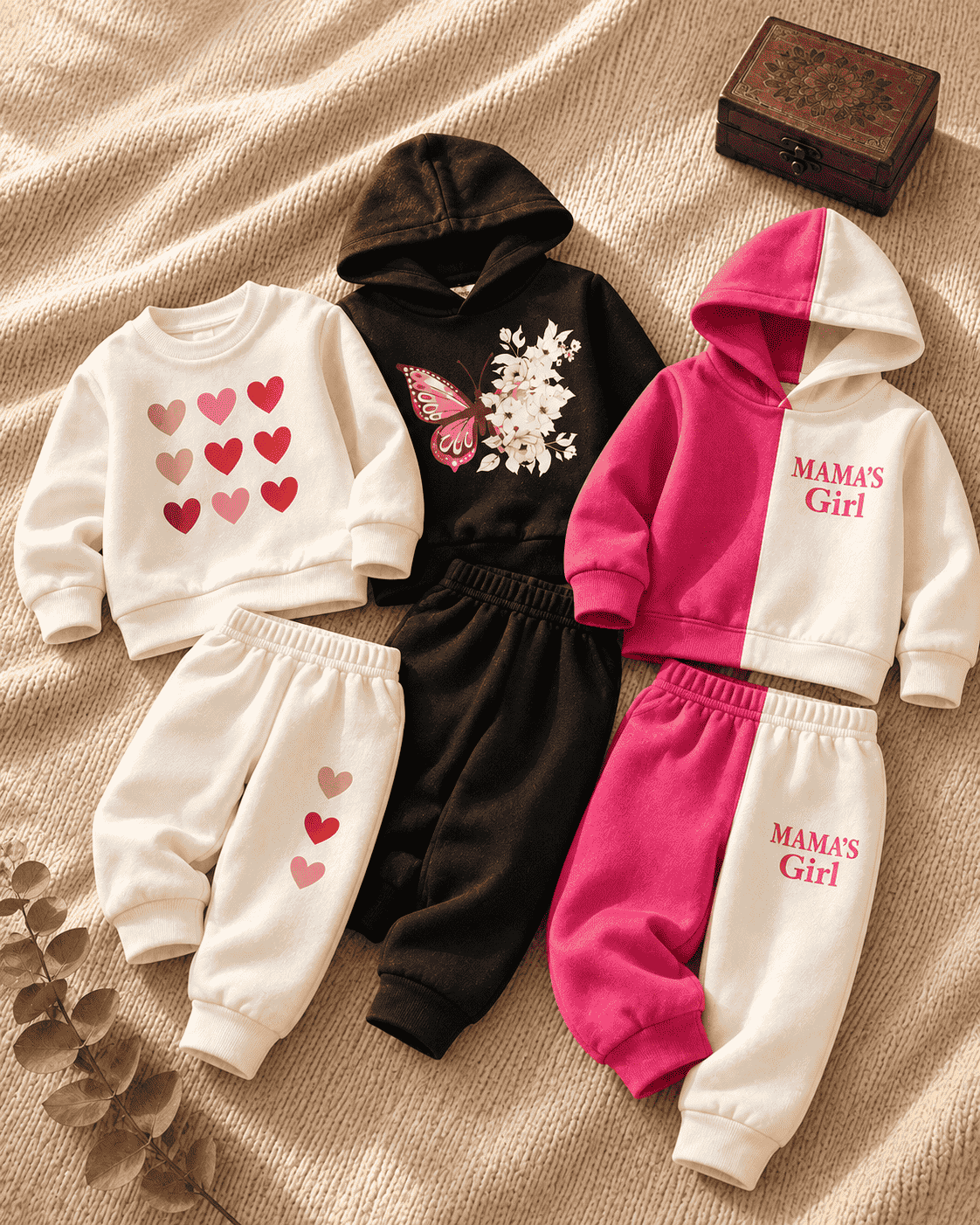 Pack of 3 Girls Winter Sets: Hearts, Butterfly Hoodie & MAMA'S Girl