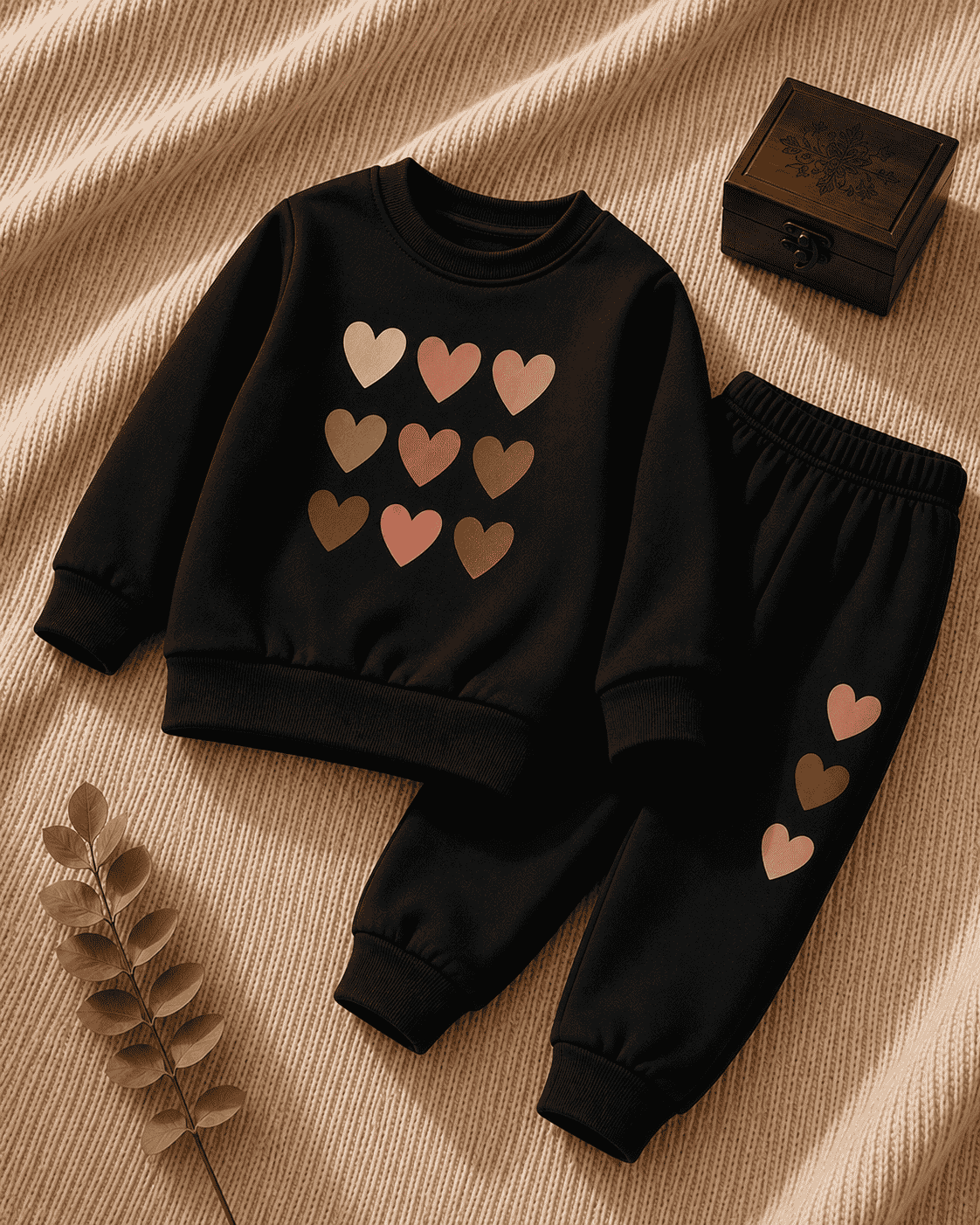 Plush-Round Neck - Colored Hearts Fleece Sweat Set