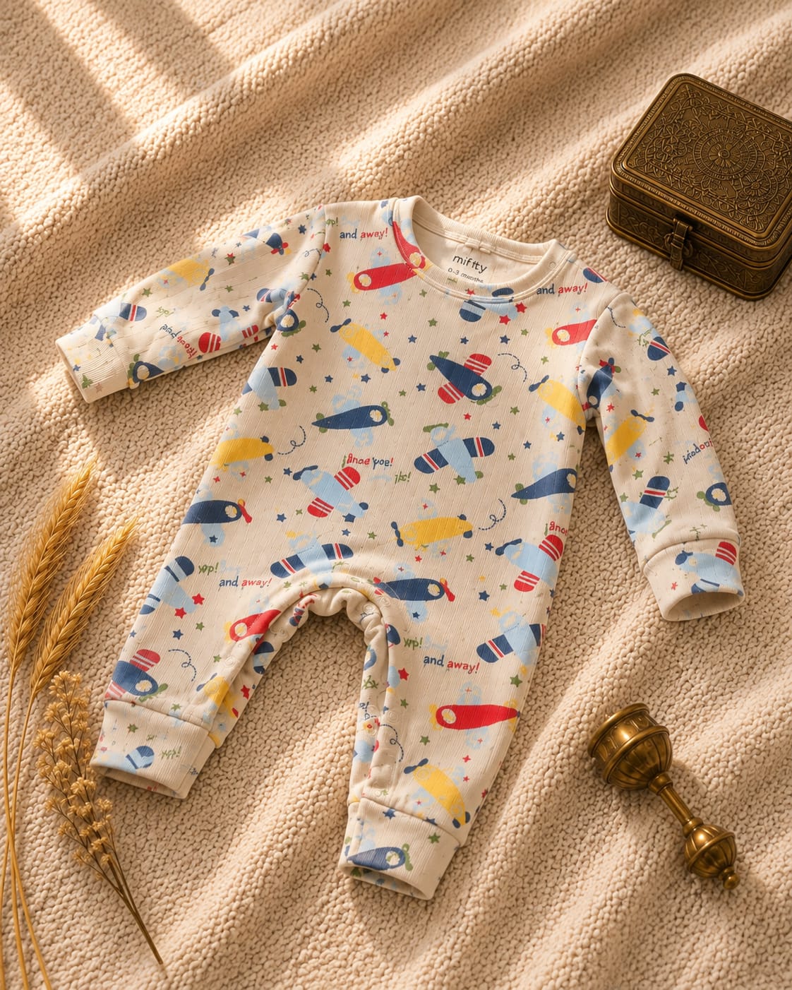 Baby Airplane Print Romper | Beige Long Sleeve Jumpsuit