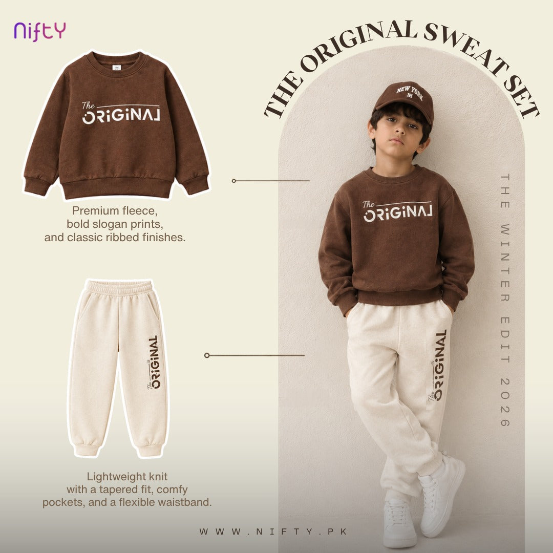 Brown kids sweatshirt and cream jogger set with The Original print