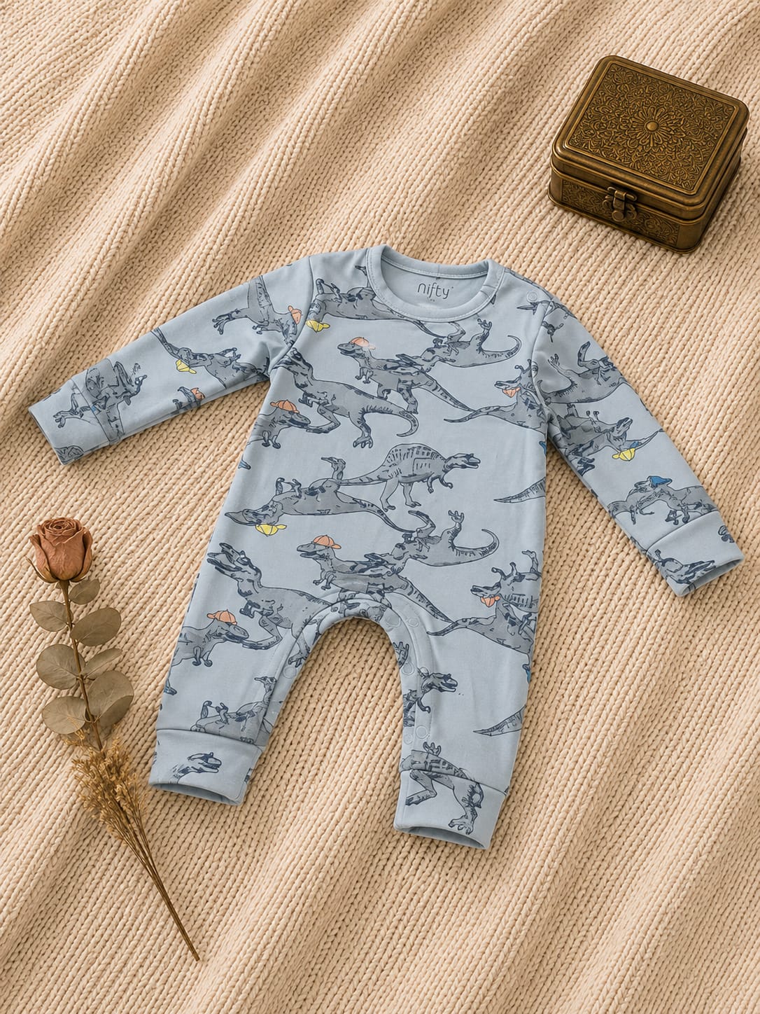 Grey blue baby romper with dinosaur print