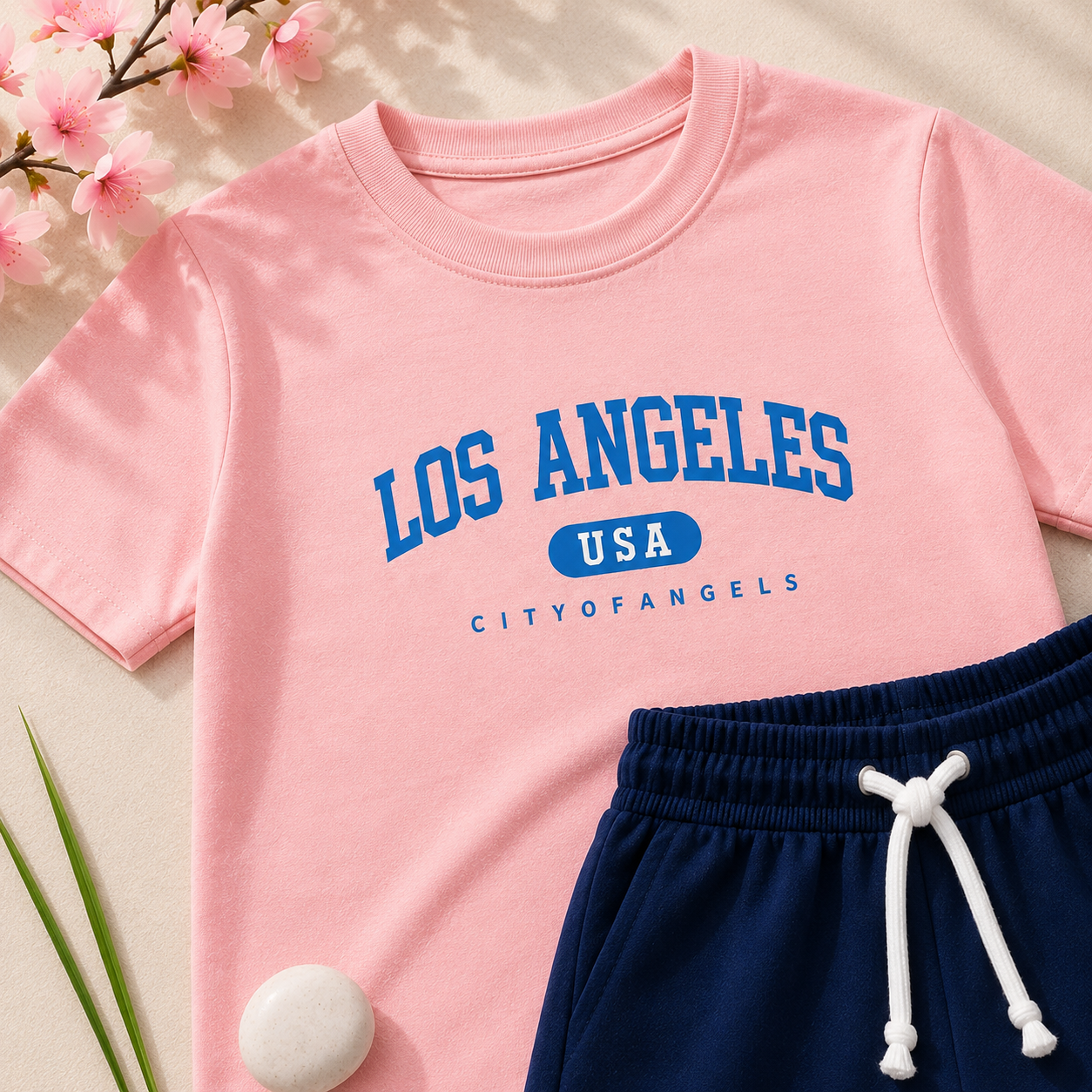 Boys Peach & Navy "Los Angeles" T-Shirt & Shorts Set