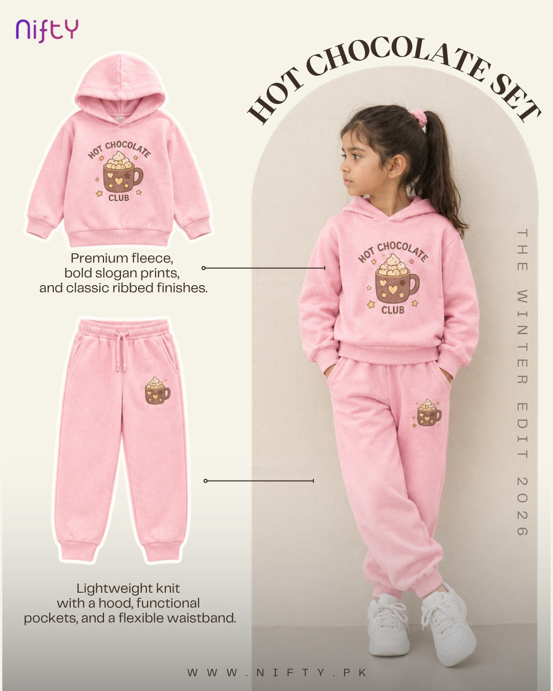 Pink Hot Chocolate Club kids hoodie and jogger set with cocoa mug print