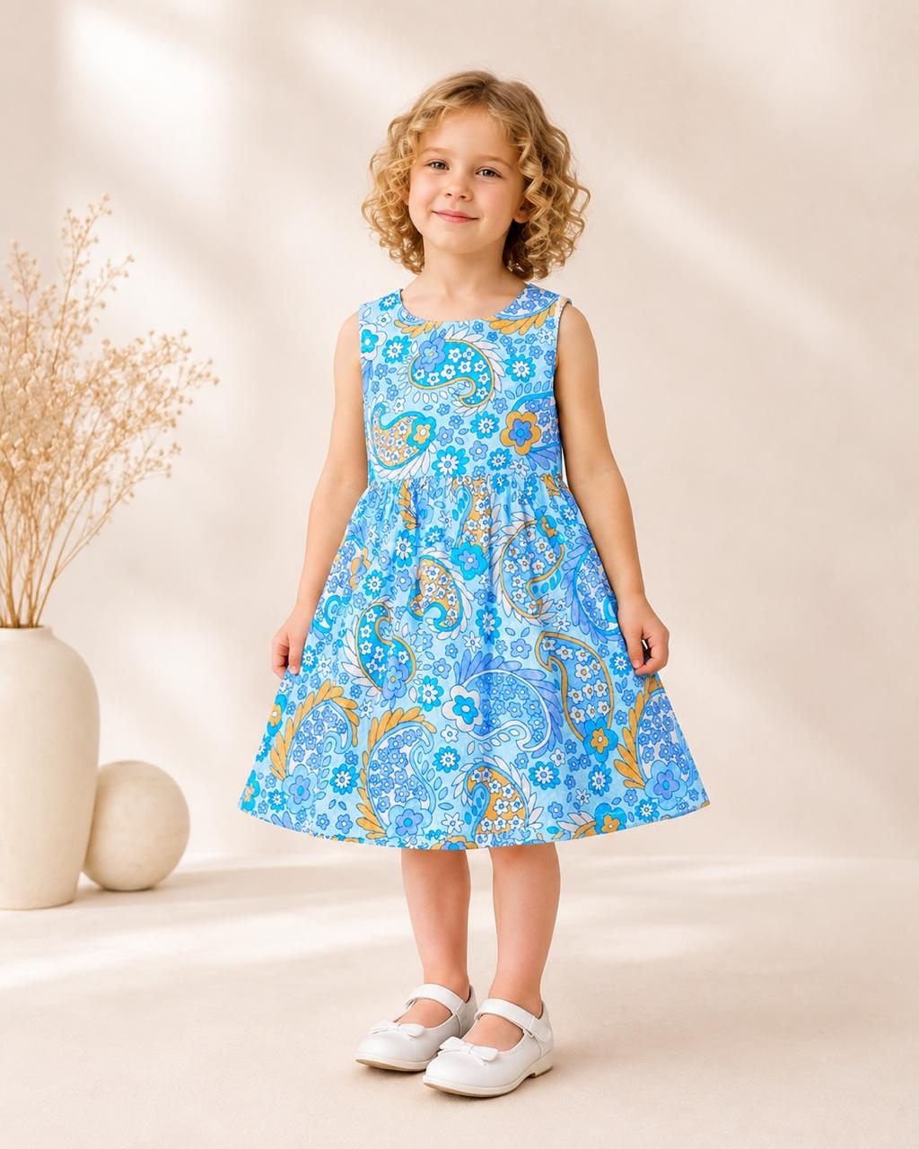 Girls Sky Blue Paisley Floral Sleeveless Party Dress