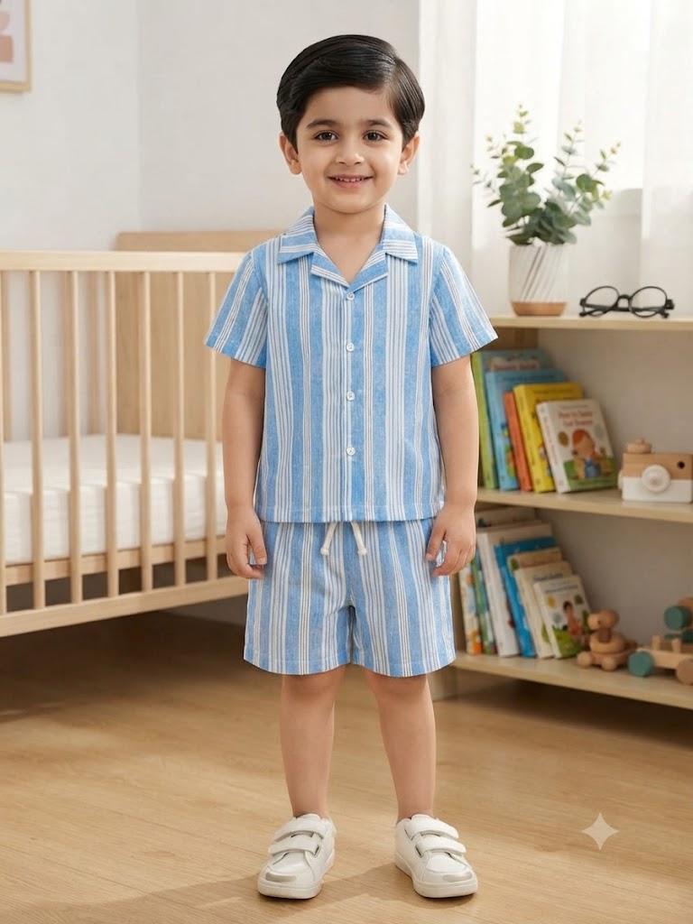 Mini Aura Boys Shirt and Shorts Set (Classic Stripe) – Sky Blue
