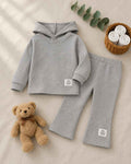 Plush Hoodied Bell Bottom Style Ribbed Knit Basic Set - Grey