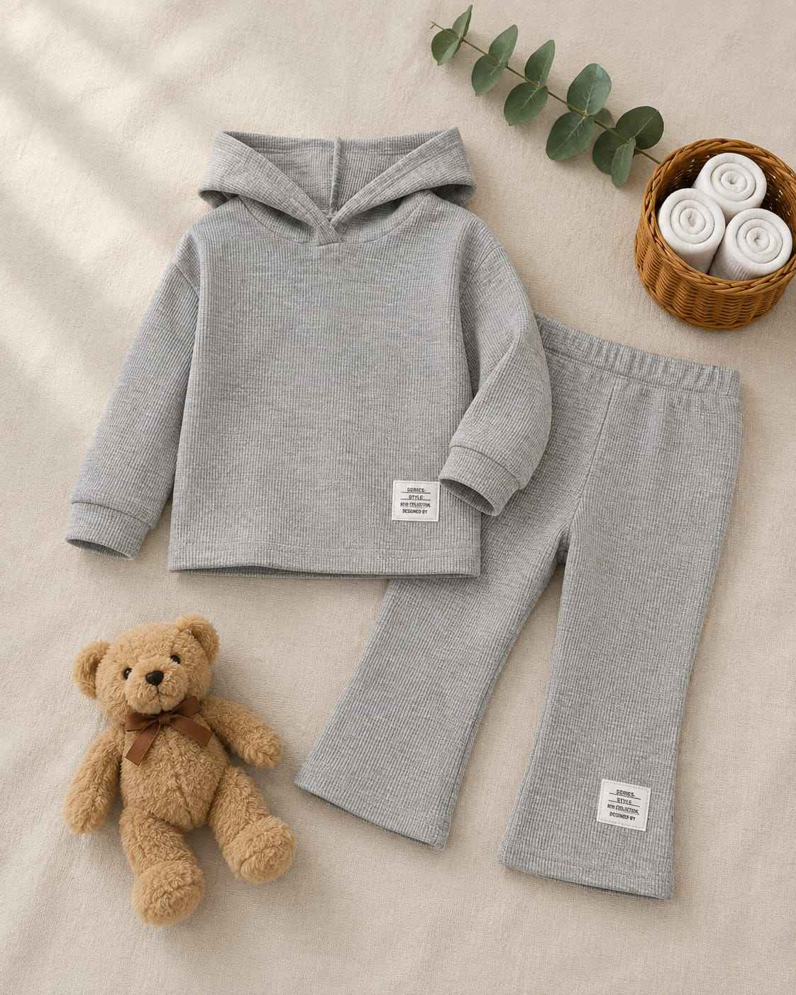 Plush Hoodied Bell Bottom Style Ribbed Knit Basic Set - Grey