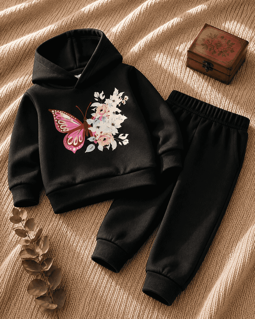 Plush-Hoodie Style - Butterfly Theme Fleece Sweat Set