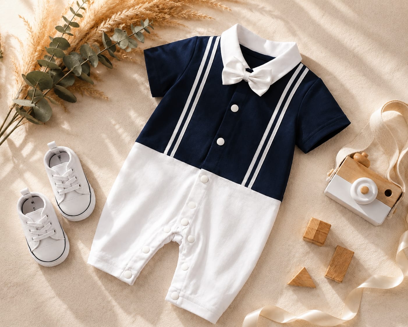 Navy Blue & White Bow Tie Polo Romper for Babies | Soft Interlock Bodysuit