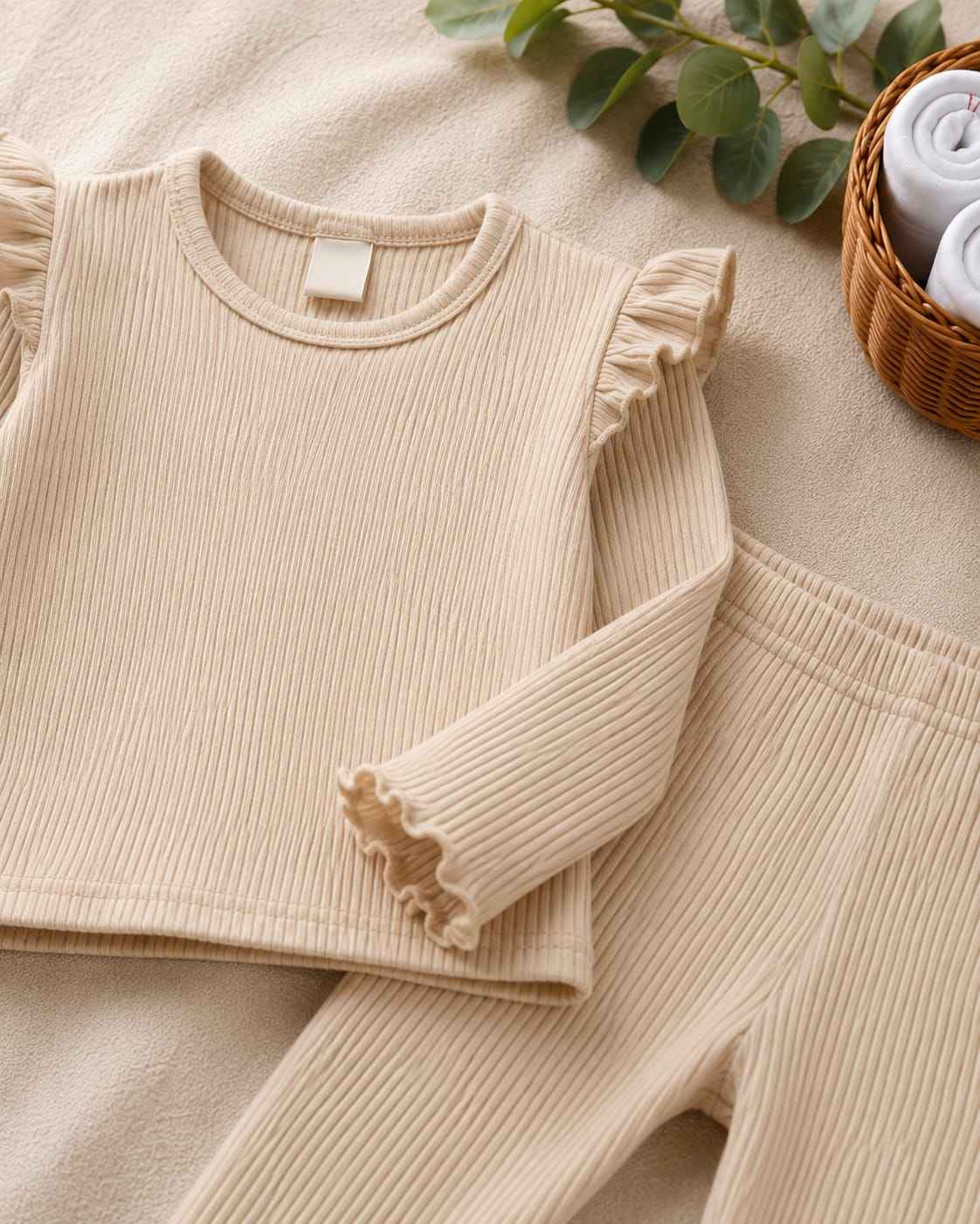 Plush Shoulder Frill Style Ribbed Knit Basic Set - Caramel