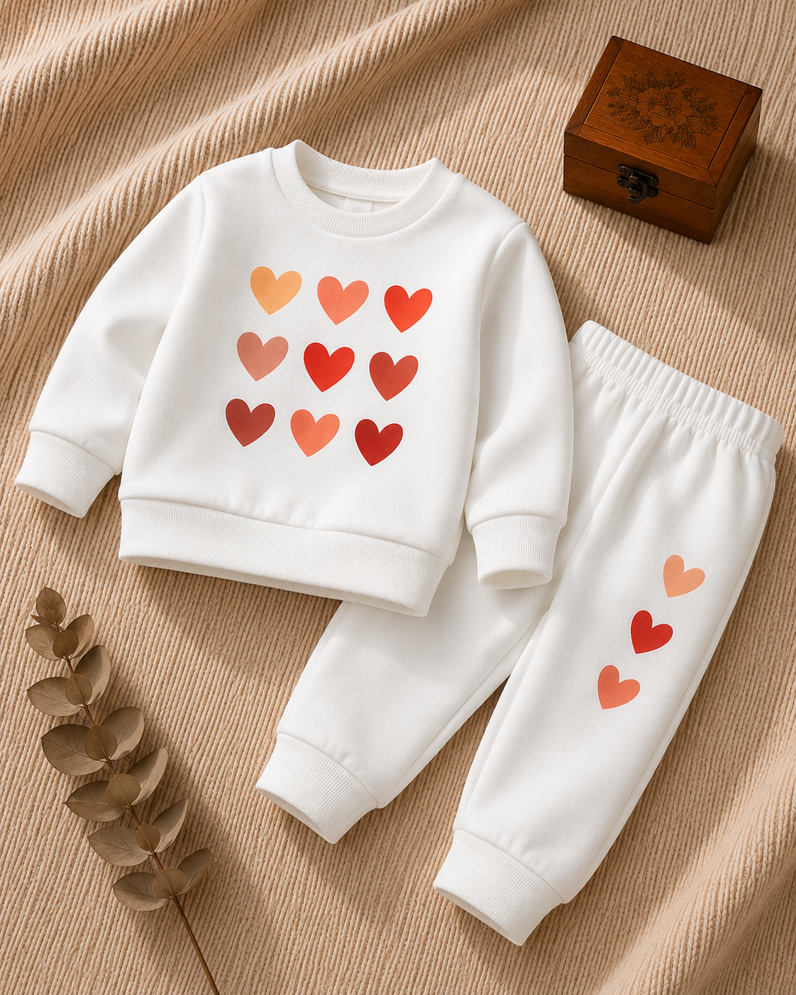 Plush Fleece Shirt & Trouser - Hearts in White