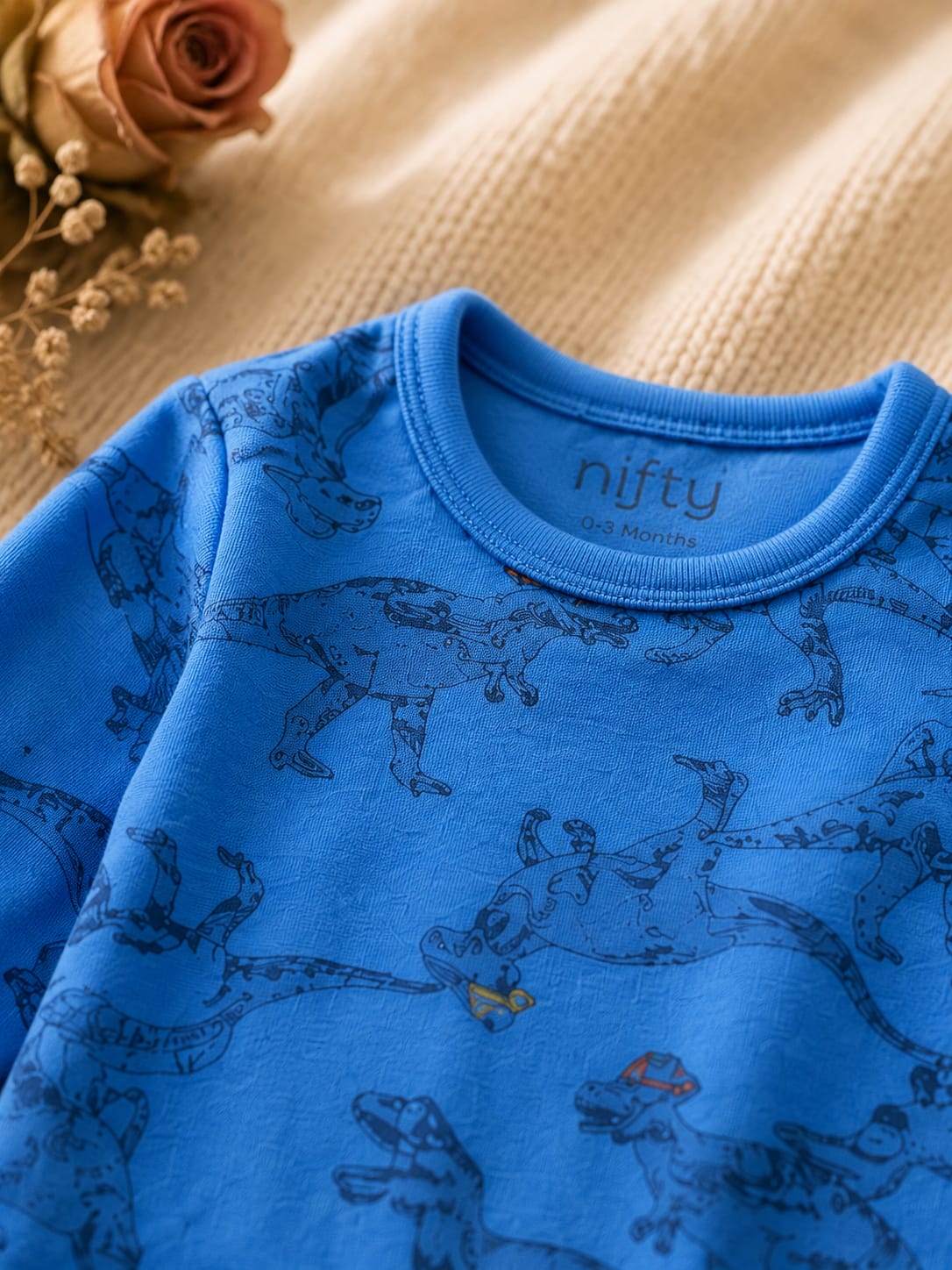Baby Dinosaur Print Romper | Blue Long Sleeve Jumpsuit