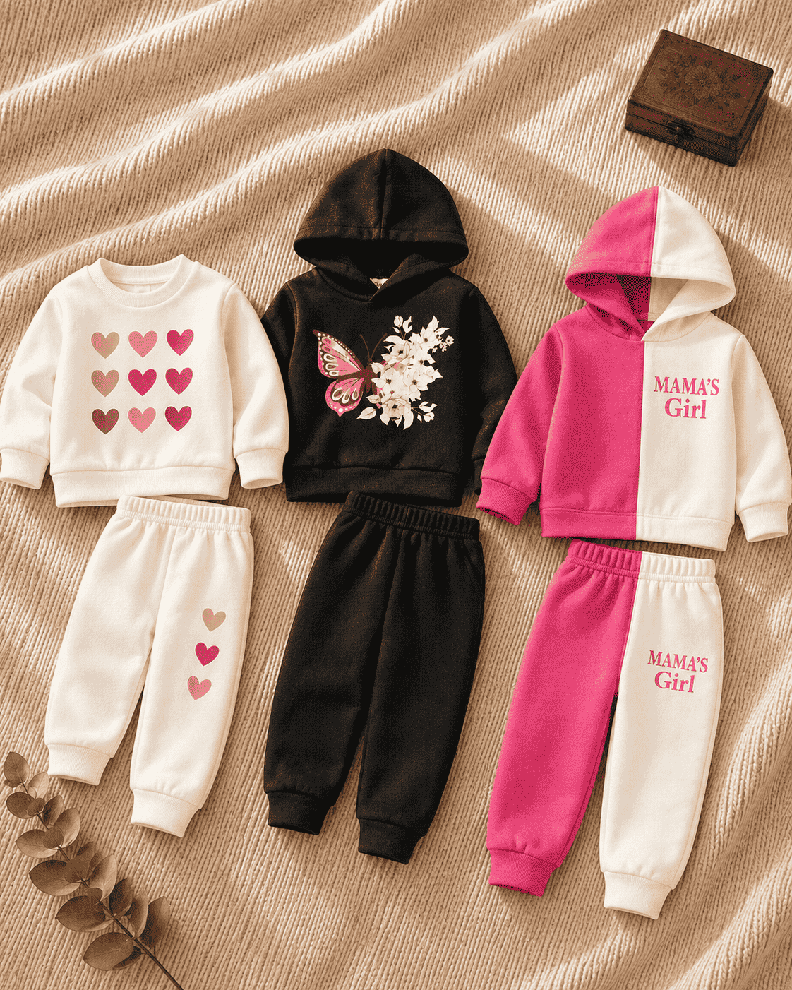 Pack of 3 girls hoodie sets with hearts print, pink butterfly flowers and MAMA'S Girl color block design