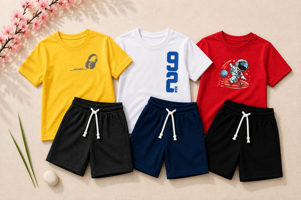 Boys Graphic Print T-Shirt & Shorts Set – Pack of 3 | Kids Summer Outfit
