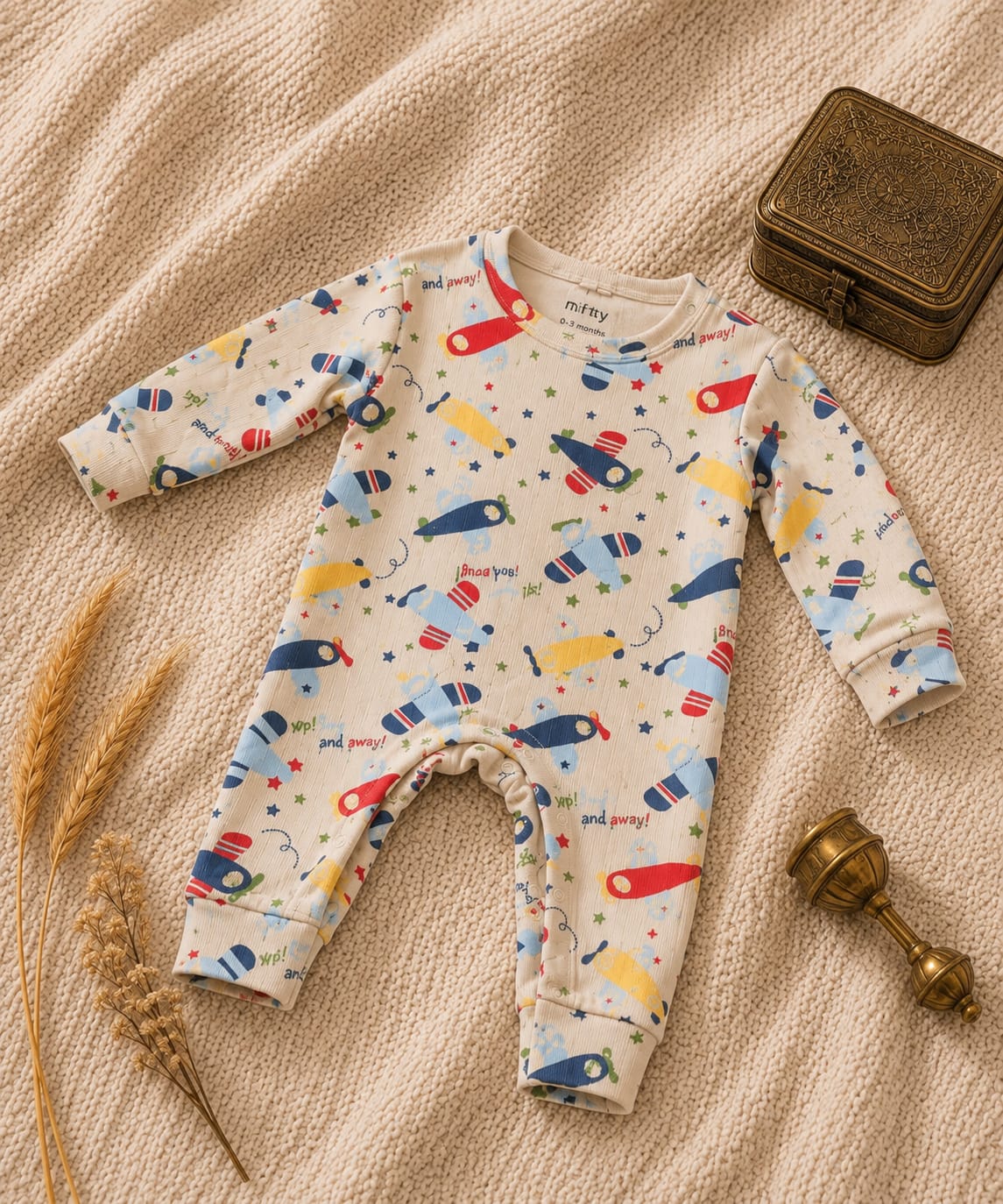 Beige baby romper with airplane print